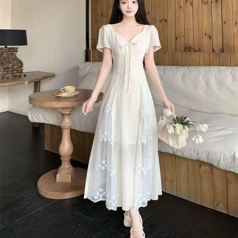 大码温柔风领连衣裙女夏季高级感复古裙子收腰显瘦气质长裙，商品下架区商品下架区，凯文服饰