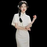 白色披肩旗袍中式司藤改良民风复古年轻款2025年夏季日常可穿女，商品下架区，语缦