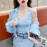 洋气露肩雪纺防晒衣女外穿上衣女夏装短款内搭吊带小背心两件套装，商品下架区，凯文服饰