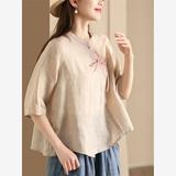 民族复古新中式刺绣盘扣棉麻衬衫夏轻薄风拼色斜襟立领气质上衣，商品下架区，凯文服饰