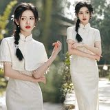 米白色 333旗袍+披肩