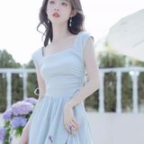 超仙气质无袖背心连衣裙夏季淑女气绳收腰显瘦方领裙子长裙女，商品下架区，语缦