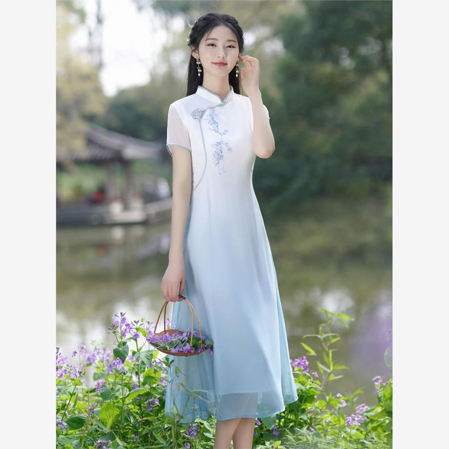 印花改良旗袍连衣裙2025年新款夏季气质渐变色素雅年轻款茶服禅服，商品下架区商品下架区，语缦