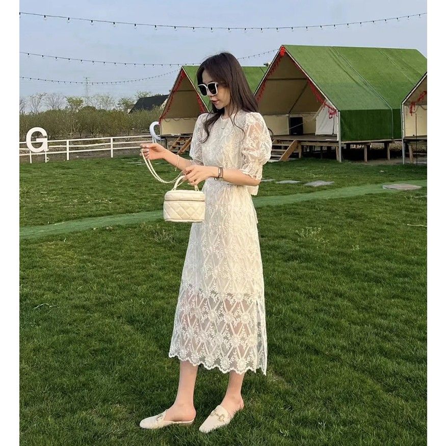 风光旖旎菱形蕾丝连衣裙女新款韩版气质显瘦中长款纯色字裙，商品下架区商品下架区，凯文服饰