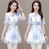 遮肚子衬衫女短袖2025新款夏季宽松版中长款系带雪纺上衣仙气飘飘，商品下架区，凯文服饰