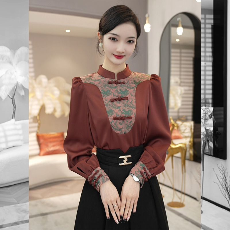新中式风上衣新款初秋穿搭轻奢气质缎面拼接改良衬衫，商品下架区商品下架区，语缦