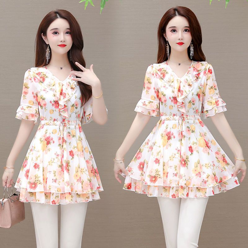 遮肚子衬衫女短袖2025新款夏季宽松版中长款系带雪纺上衣仙气飘飘，商品下架区商品下架区，凯文服饰