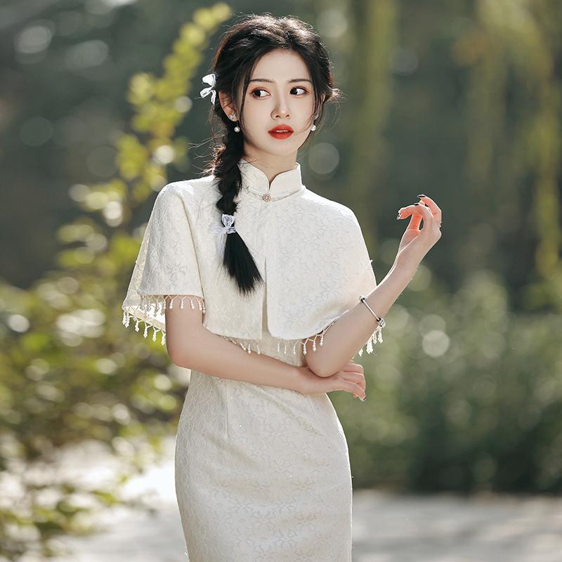 白色披肩旗袍中式司藤改良民风复古年轻款2025年夏季日常可穿女，商品下架区商品下架区，语缦