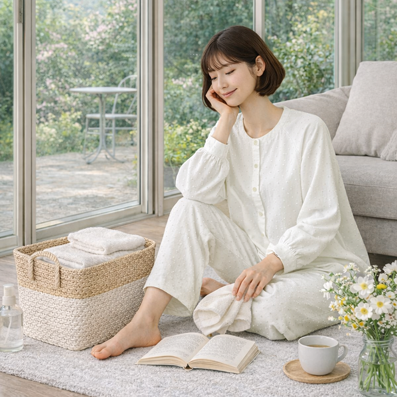 纯棉双层纱提花春夏女睡衣套装