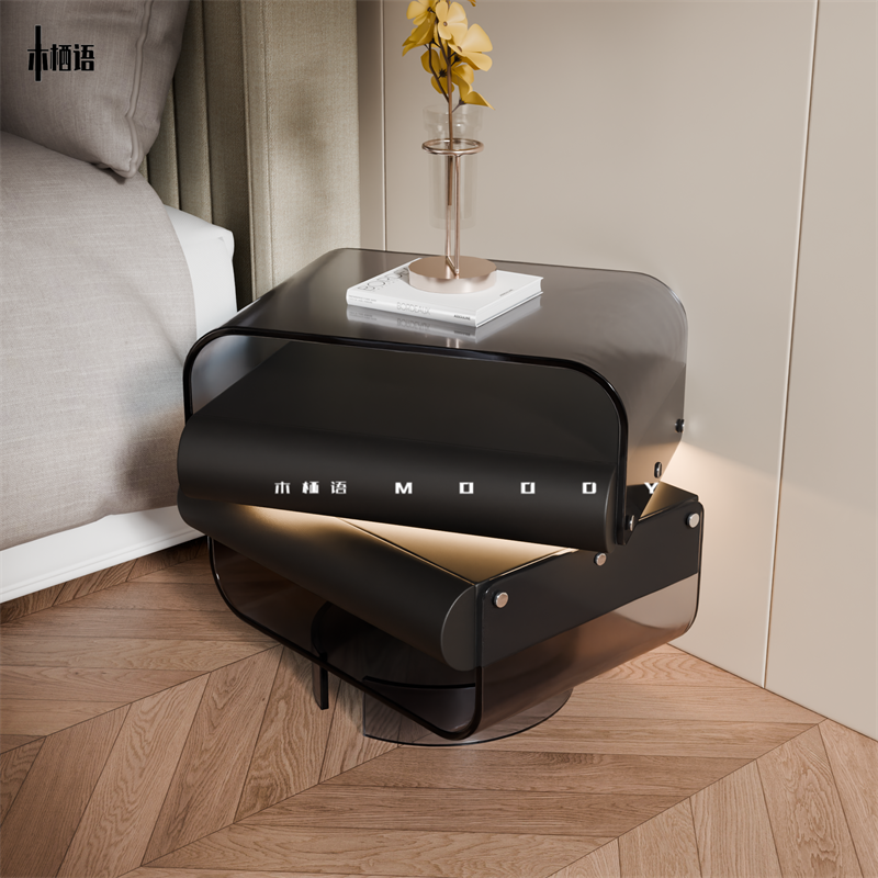 床头柜新款亚克力悬浮床头柜轻奢极简收纳柜360°旋转卧室床边柜