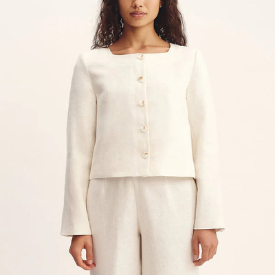 白色亚麻无领小香风长袖短外套