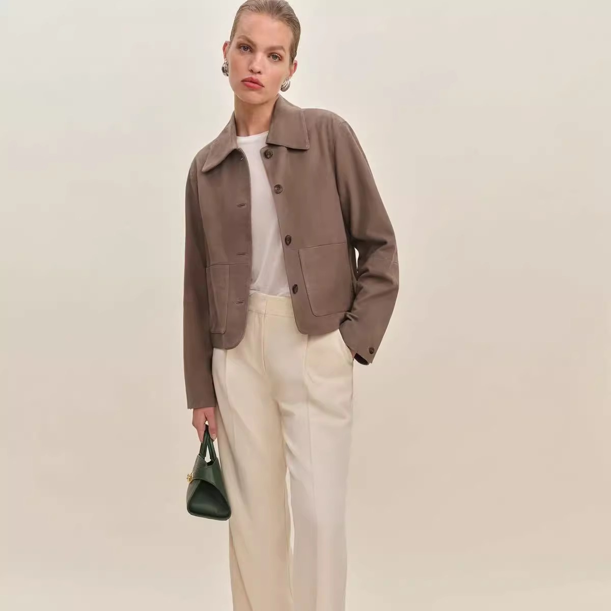 reformation同款咖色麂皮绒短外套女2025秋冬新款翻领上衣