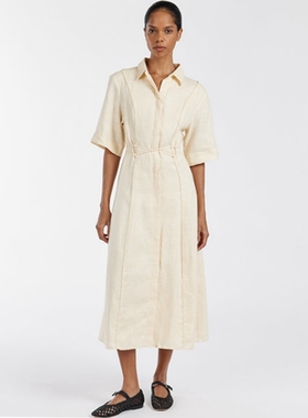 澳洲小众dissh杏色衬衫领开衫亚麻连衣裙优雅气质系带短袖长裙