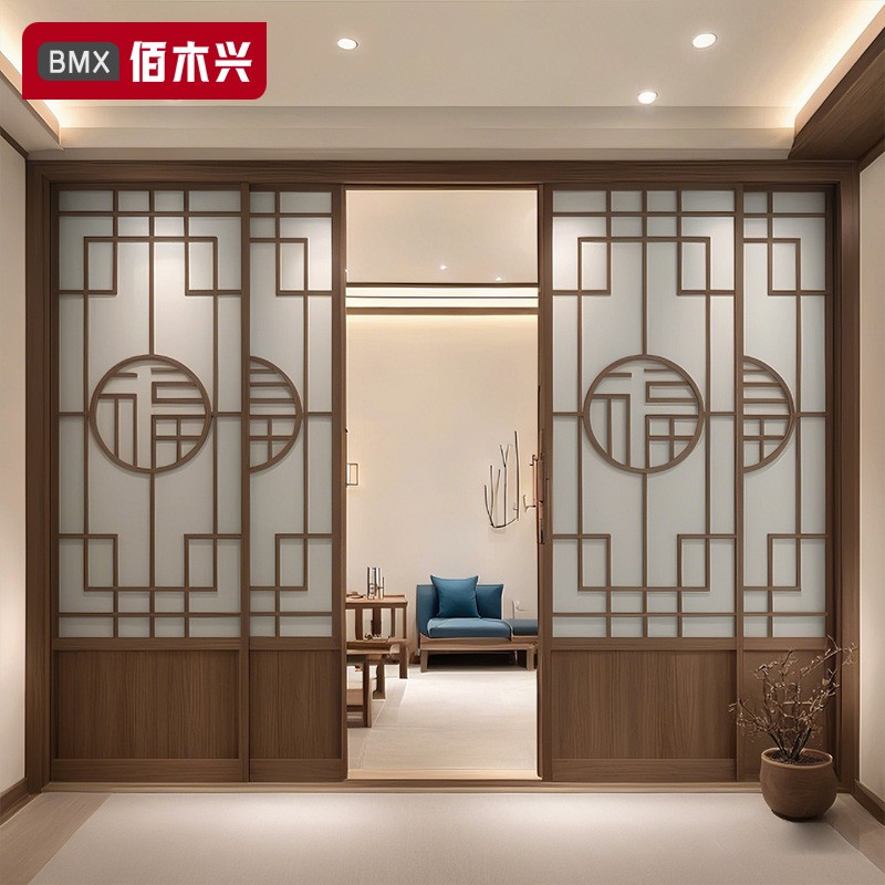 隔断门新中式无轨道移门定制客厅屏风隔断玻璃门吊轨门折叠推拉门