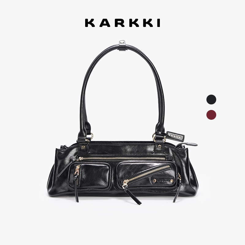 KARKKI/个奇多口袋头层油蜡牛皮复古机车法棍包单肩手提包包女