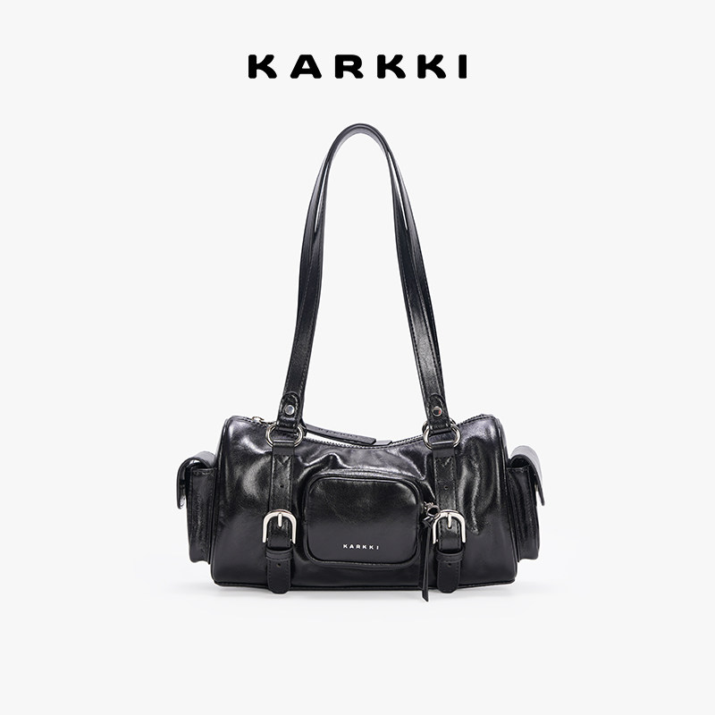 KARKKI/个奇头层牛皮复古皮带扣多口袋机车包保龄球包单肩手提包