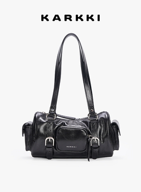 KARKKI/个奇头层牛皮复古皮带扣多口袋机车包保龄球包单肩手提包