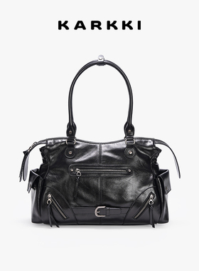 KARKKI/个奇头层牛皮大容量托特包机车复古公文包通勤单肩手提包