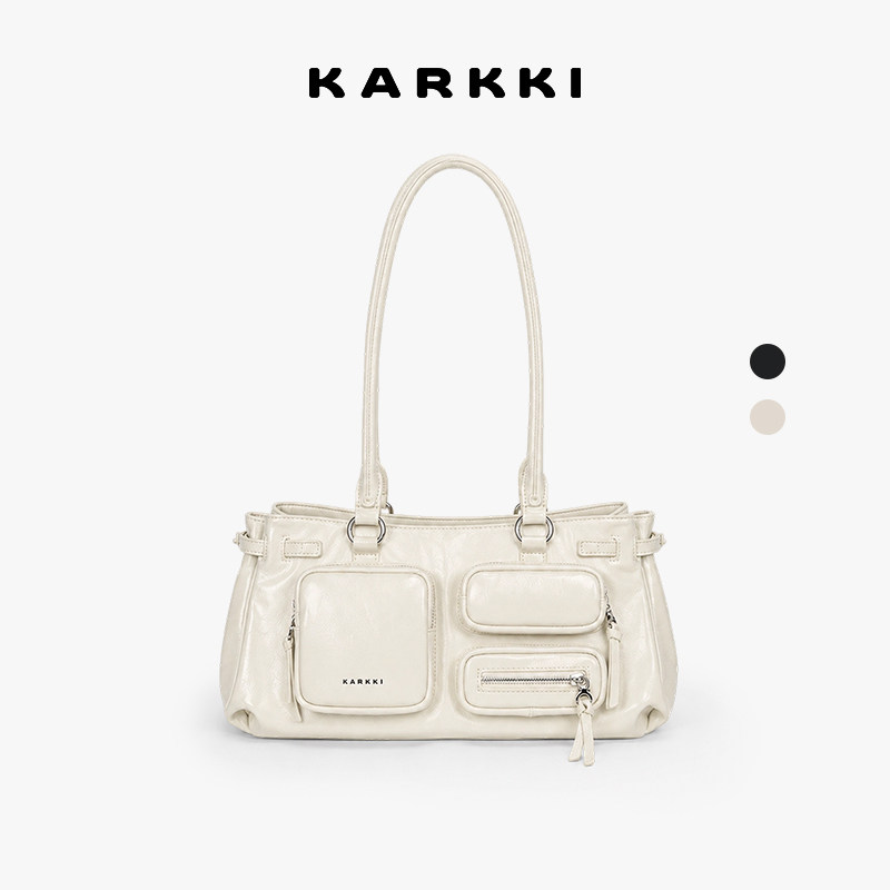 KARKKI/个奇口袋包头层牛皮黑色单肩拉链腋下包托特包斜挎包女包
