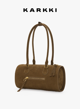 KARKKI/个奇秋冬圆筒包头层绒面牛皮水桶笔筒包复古单肩手提包包