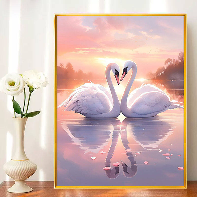 天鹅爱情人节diy数字油画手绘填充丙烯画新人初学手工填色油彩画