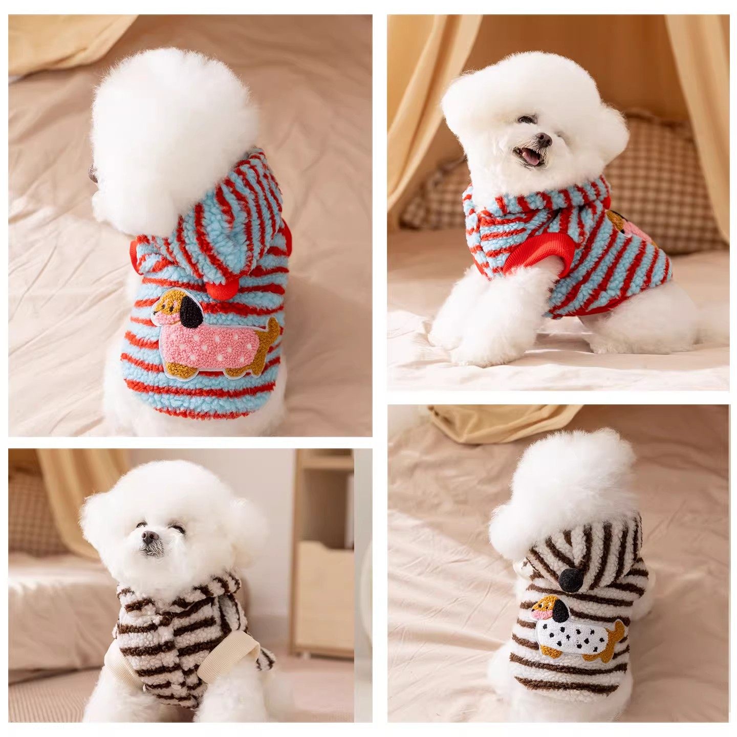 秋冬狗狗衣服卡通条纹腊肠犬可牵引两脚绒衣比熊泰迪小型犬卫衣