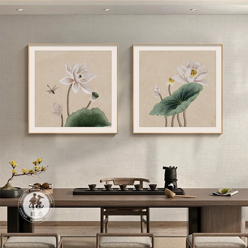 荷花装饰画新中式餐厅挂画书房国画茶室装饰画正方形国风客厅挂画图片