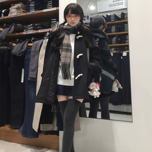 速发墨院jk奶油黑巧呢子大衣学扣风牛角秋小个子毛呢外套