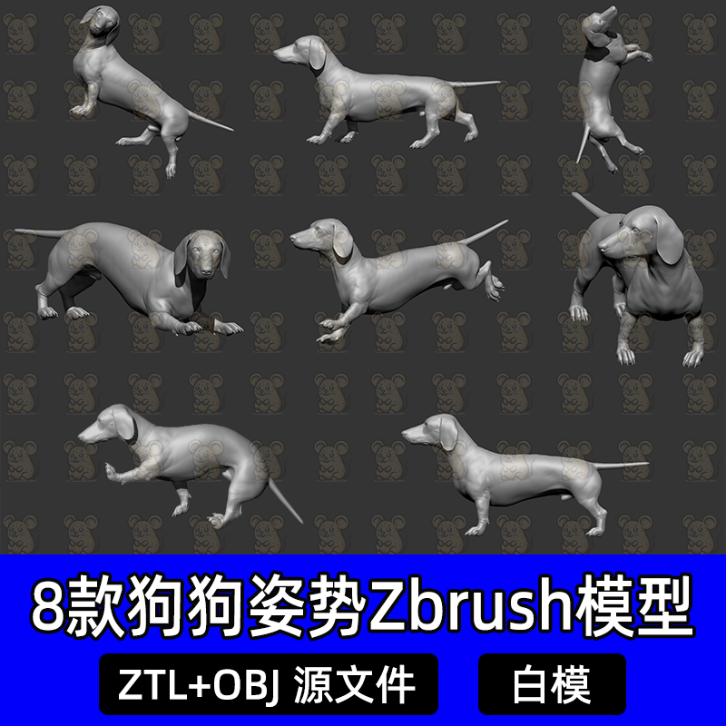 8个不同姿态小狗腊肠狗zbrush雕刻3D模型跳跃趴奔跑走姿势ZTL obj