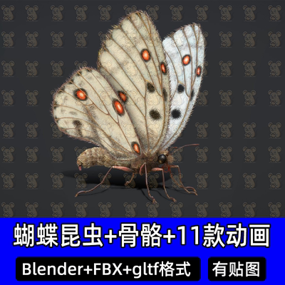 Blender c4d写实蝴蝶动画3d模型绢蝶凤蝶昆虫带骨骼绑定fbx 3dmax