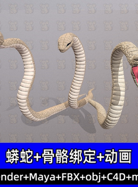 3DMAX blender蟒蛇毒蛇爬行动物带骨骼动画3D模型FBX Maya C4D