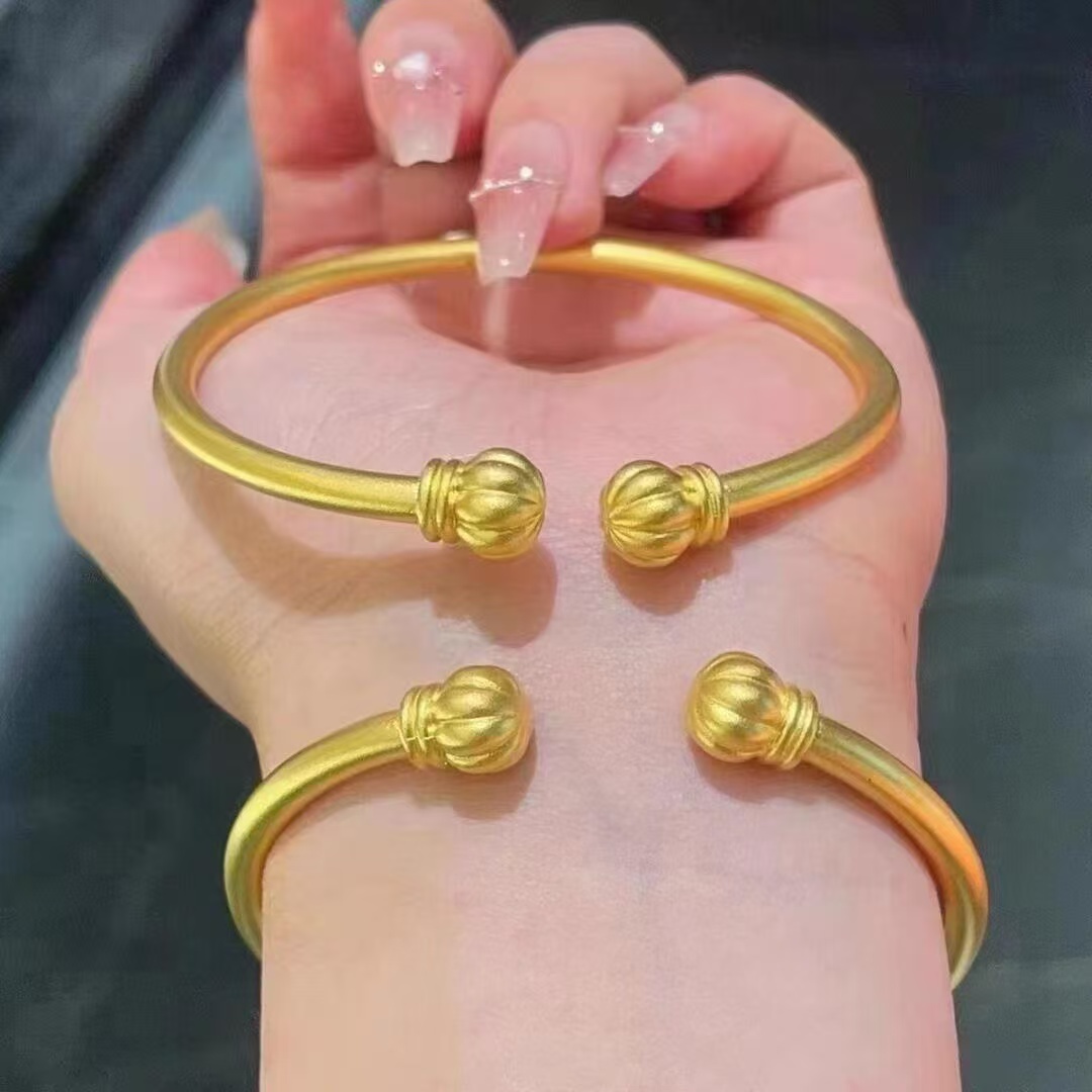 999足金包银南瓜头手镯古法传承黄金包银开口对珠可调节素圈手环