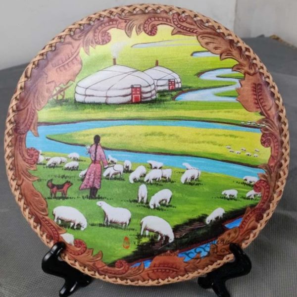 圆形摆台皮画内蒙古特色工艺品桌面摆件成吉思汗民族元素装饰画图片
