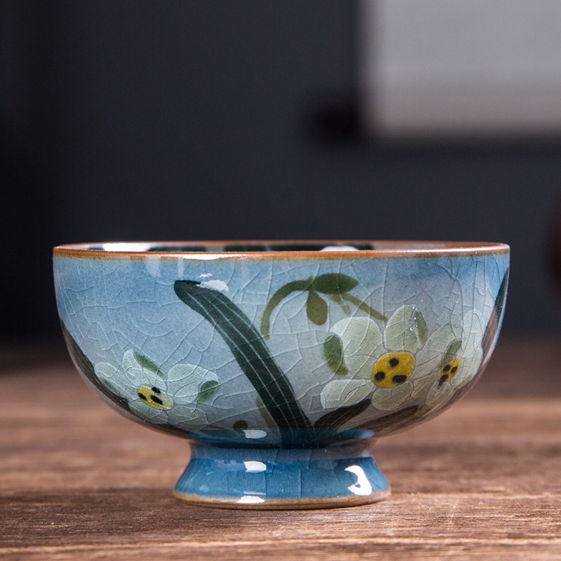 柴窑高脚茶杯 高温釉下彩水仙花礼盒装 景德镇老陶泥全手绘单杯