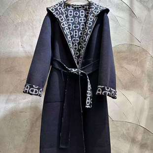 H家2025秋冬新款双面羊绒猪鼻子老花拉链带帽羊毛长款大衣外套女