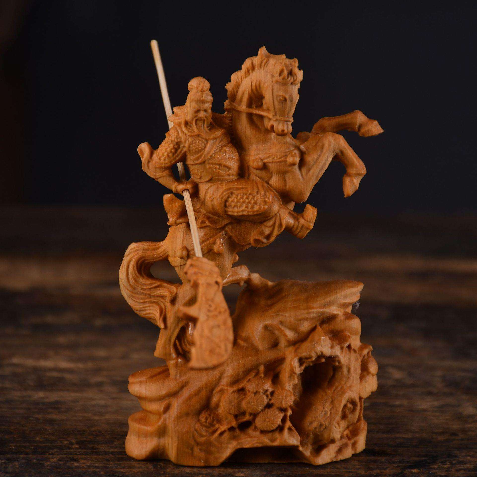 崖柏木雕马上关公摆件武财神关二爷桌面摆饰实木雕刻工艺品礼