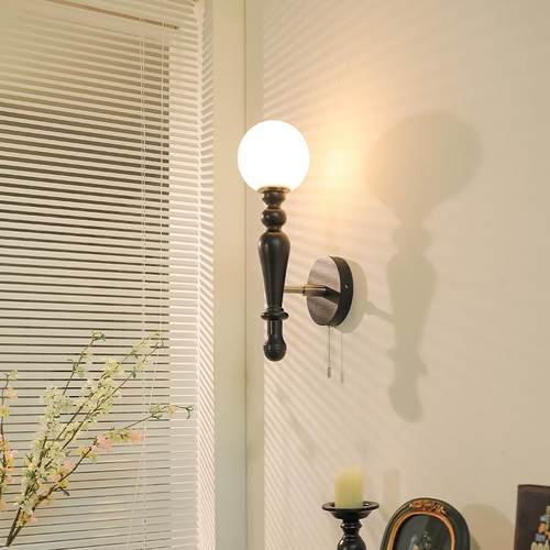 全光谱新款法式中古卧室壁灯美式复古拉线开关卧室床头胡桃木色灯