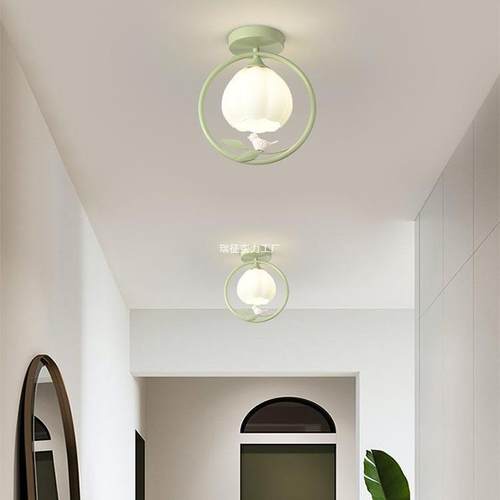 奶油风过道灯创意水晶灯小鸟阳台吸顶灯绿色玄关入户门厅走廊灯具