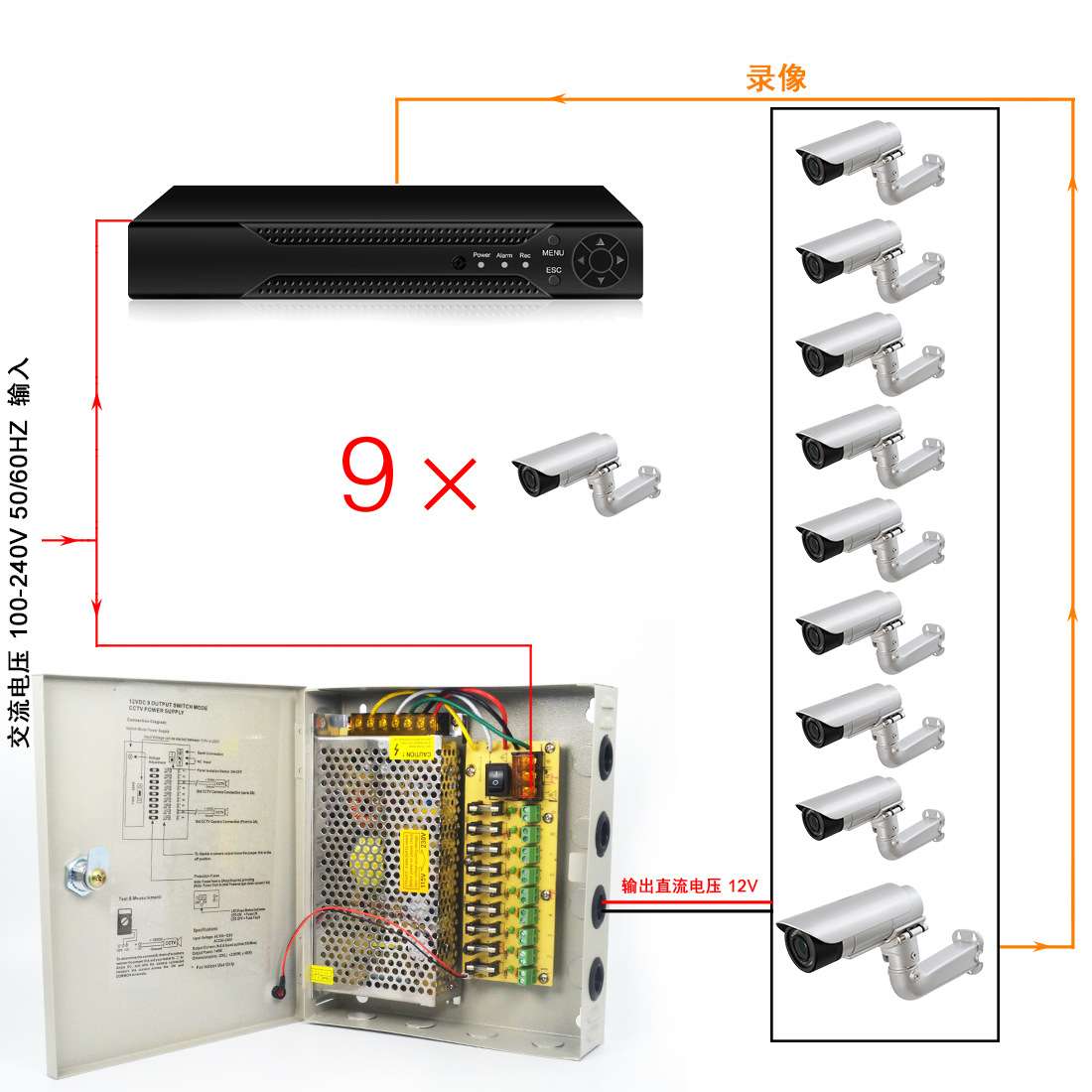 LED开关电源厂家12V5A60W安防监控驱动电源CCTV9路集中供电电源箱