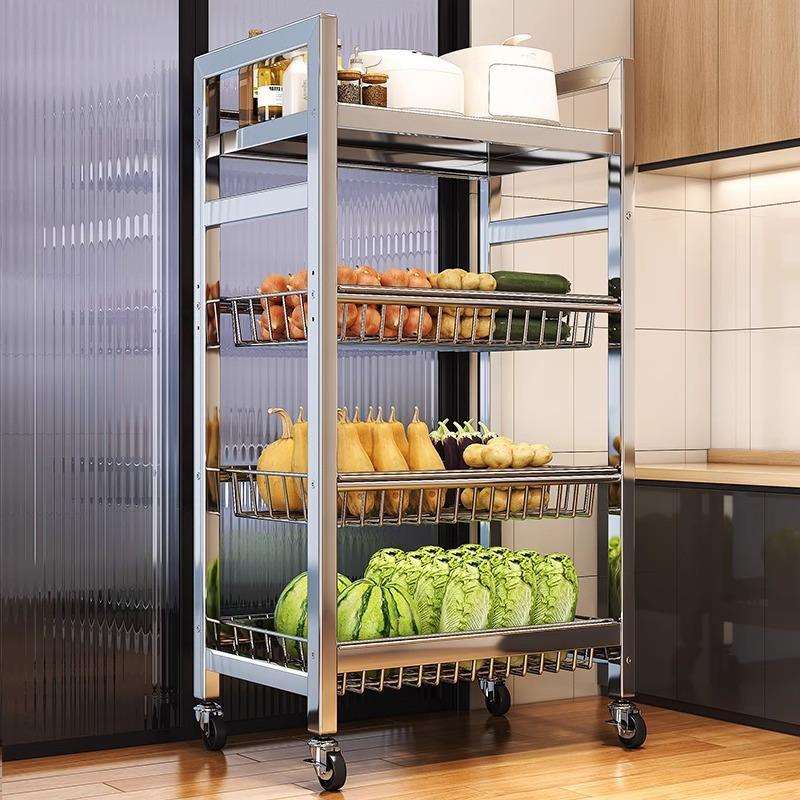不锈钢厨房菜篮子手拉推车落地多层果蔬微波炉收纳架多功能置物架