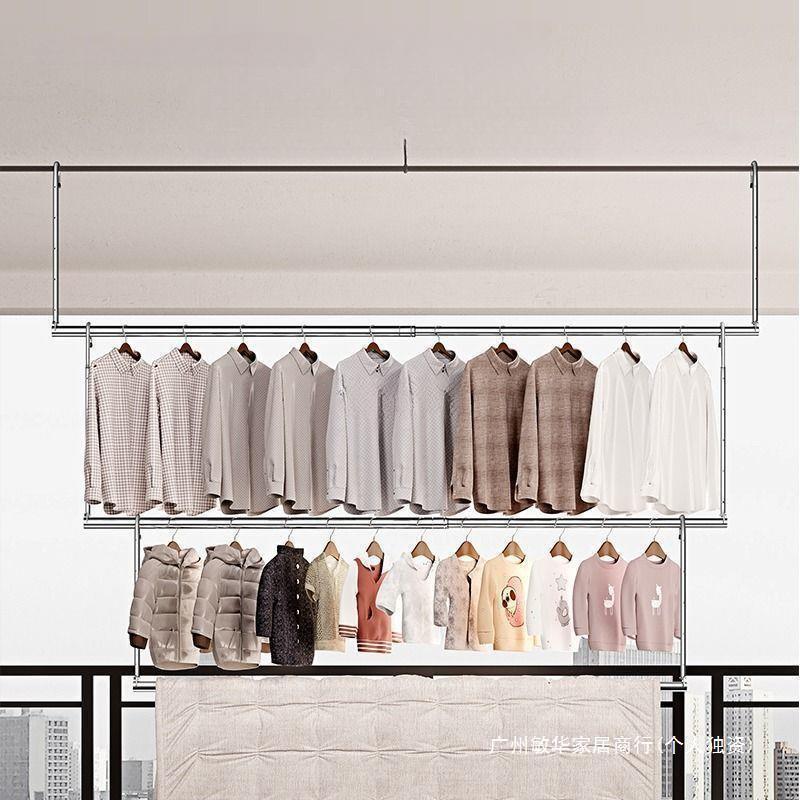 阳台不锈钢晾衣杆一根顶装悬挂固定免打孔伸缩晒衣晒被子吊杆