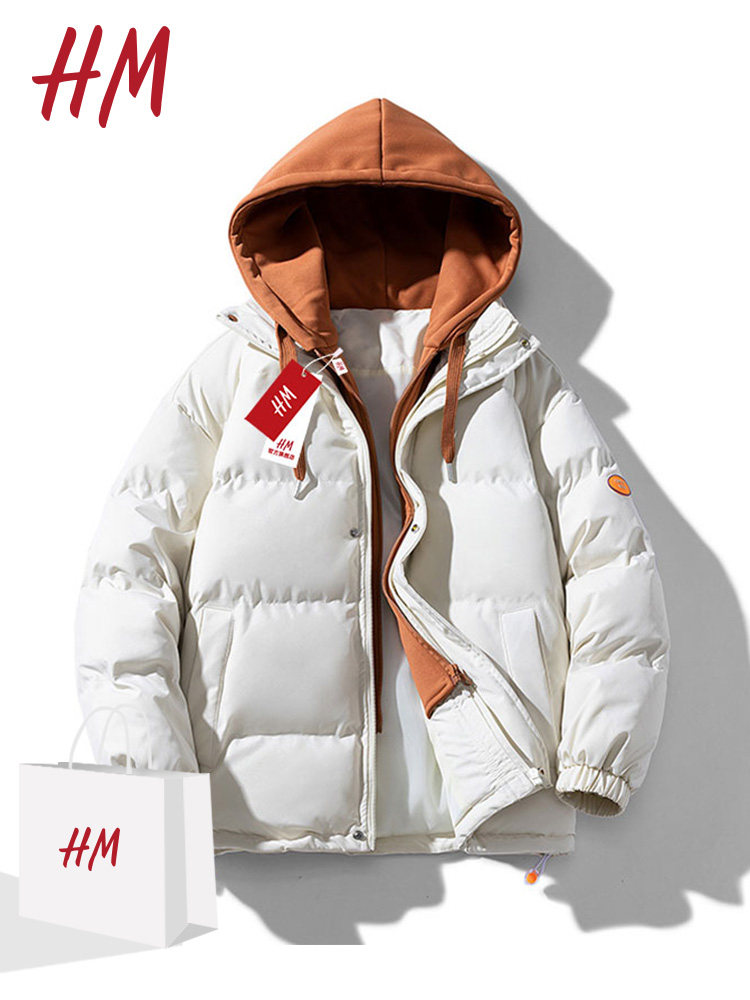 HM 겨울 가짜 투피스 코튼 재킷 남성의 새로운 트렌디 브랜드 따뜻하고 두꺼운 코튼 재킷 후드 루즈한 겨울 코트 플러스 벨벳