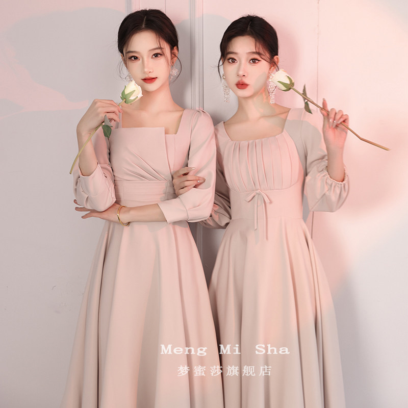 速发缎面伴娘服202新高秋冬季长袖姐妹团小级款众平时可穿礼服裙