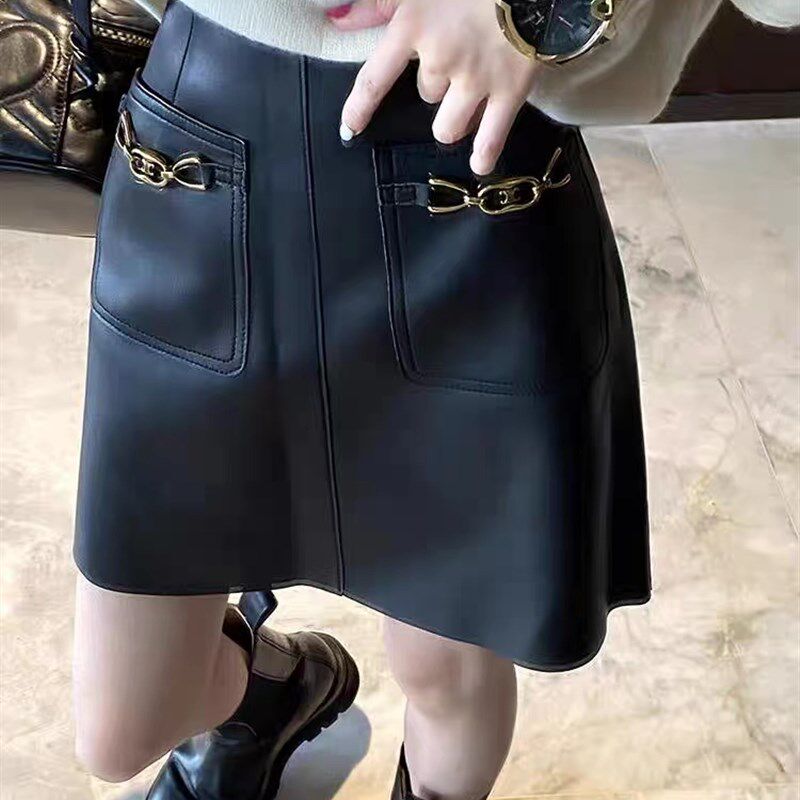 速发半包裙皮裙子秋冬时腰大码胖妹妹百搭身字黑色a臀短裙
