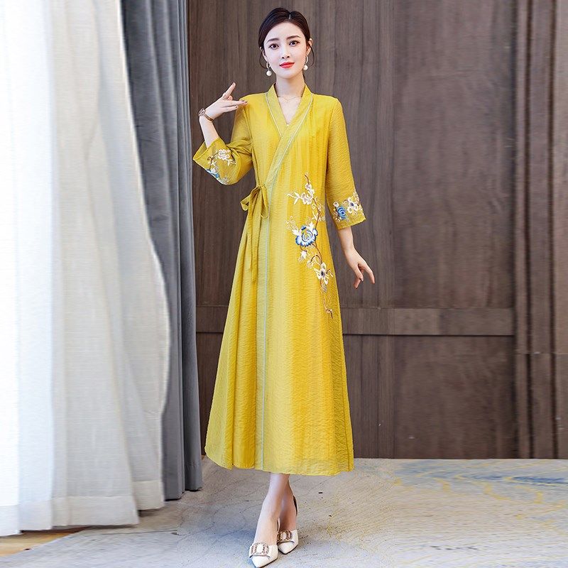 速发中式禅意茶服春绣长袖旗袍刺秋中国风装黄连汉服改良版色衣裙