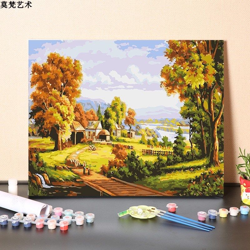 速发数字油画手小填外野充乡村树林工屋装饰画手绘涂色油彩画