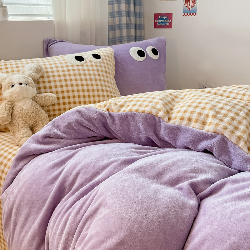 速发大眼睛格巴件配仙紫牛奶绒床上四黄套加厚珊瑚绒多子胺4