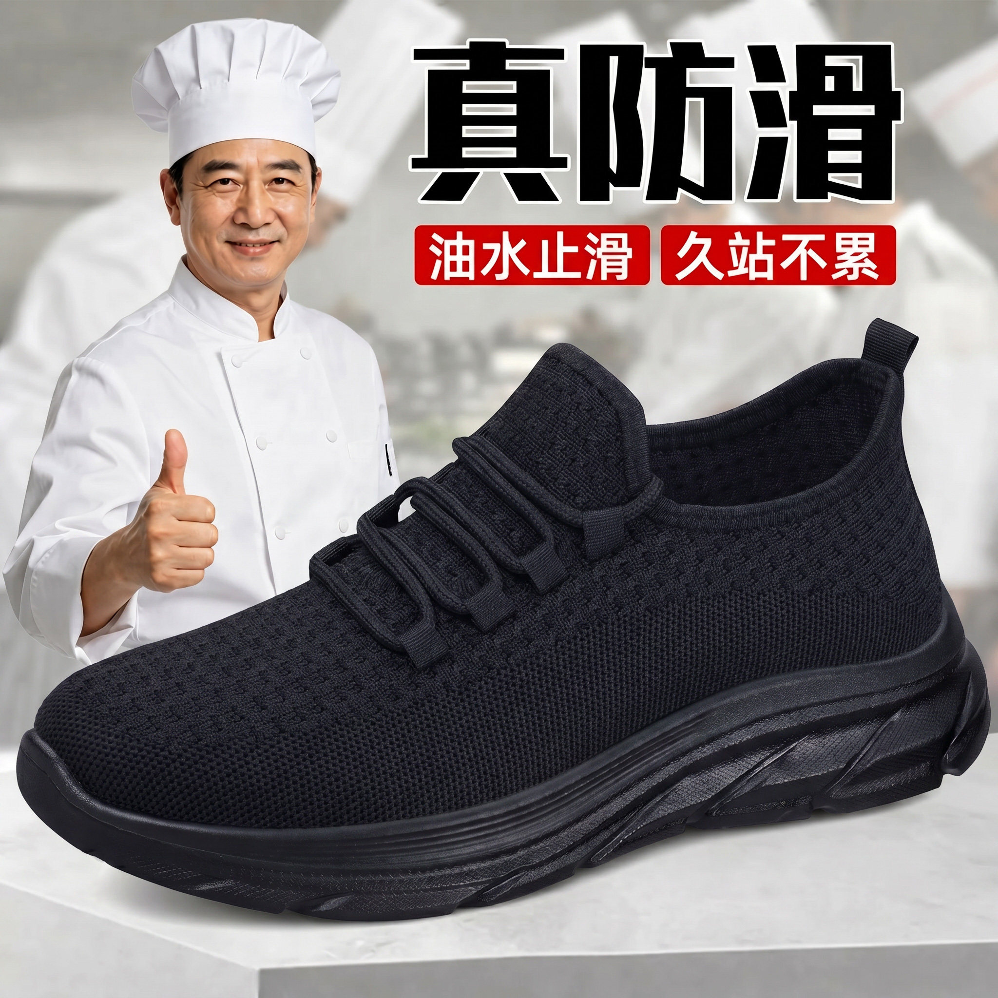 厨师防滑工作鞋2026夏季新款透气舒适软底不累脚黑色运动休闲男鞋