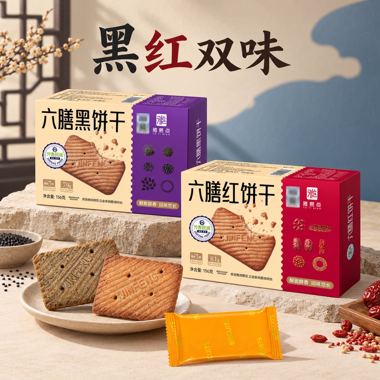 一物一码金峰老字号六膳饼干红黑双味六黑六红杂粮酥松香醇整盒装