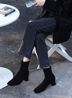 Mantener Gran 弹力瘦瘦靴短靴黑色高跟单靴绒面靴子法式方头踝靴